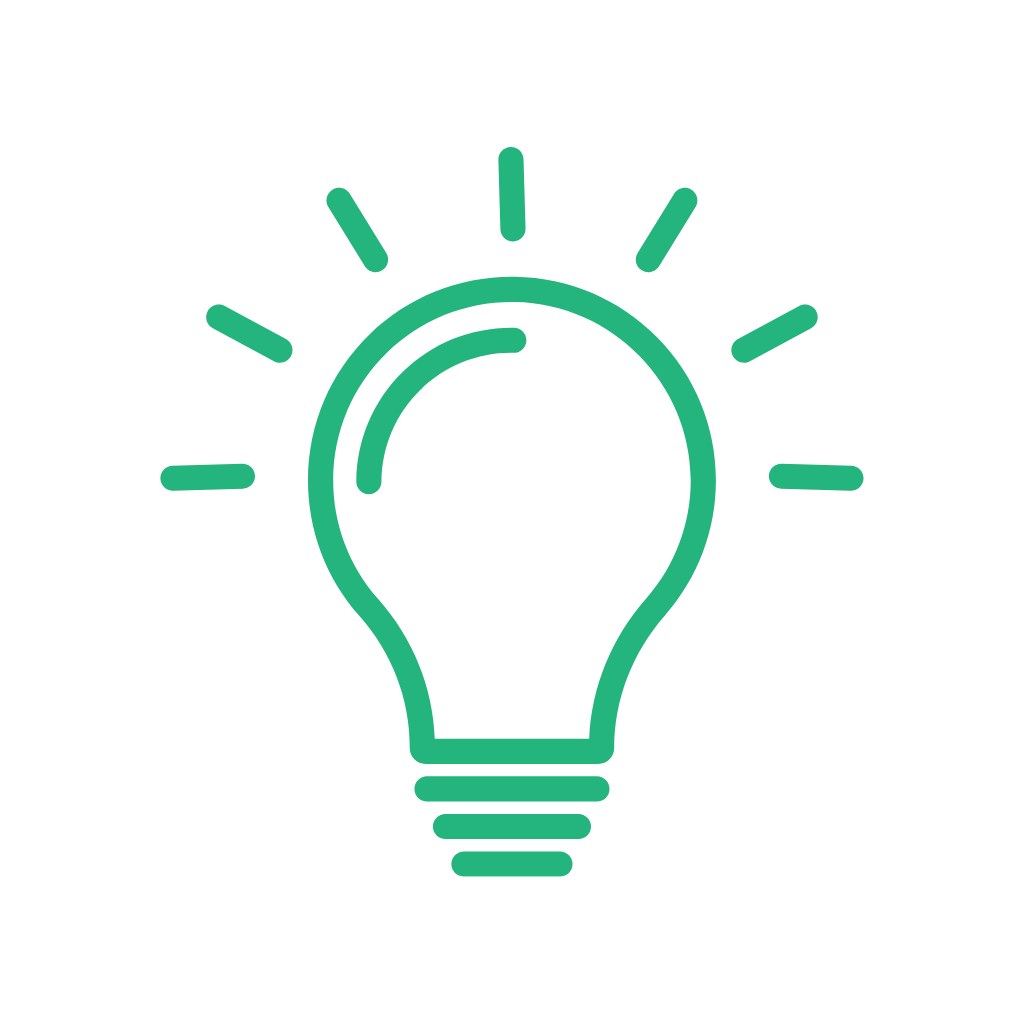 Depa innovation Green line drawing of a light bulb with rays indicating an idea or inspiration.