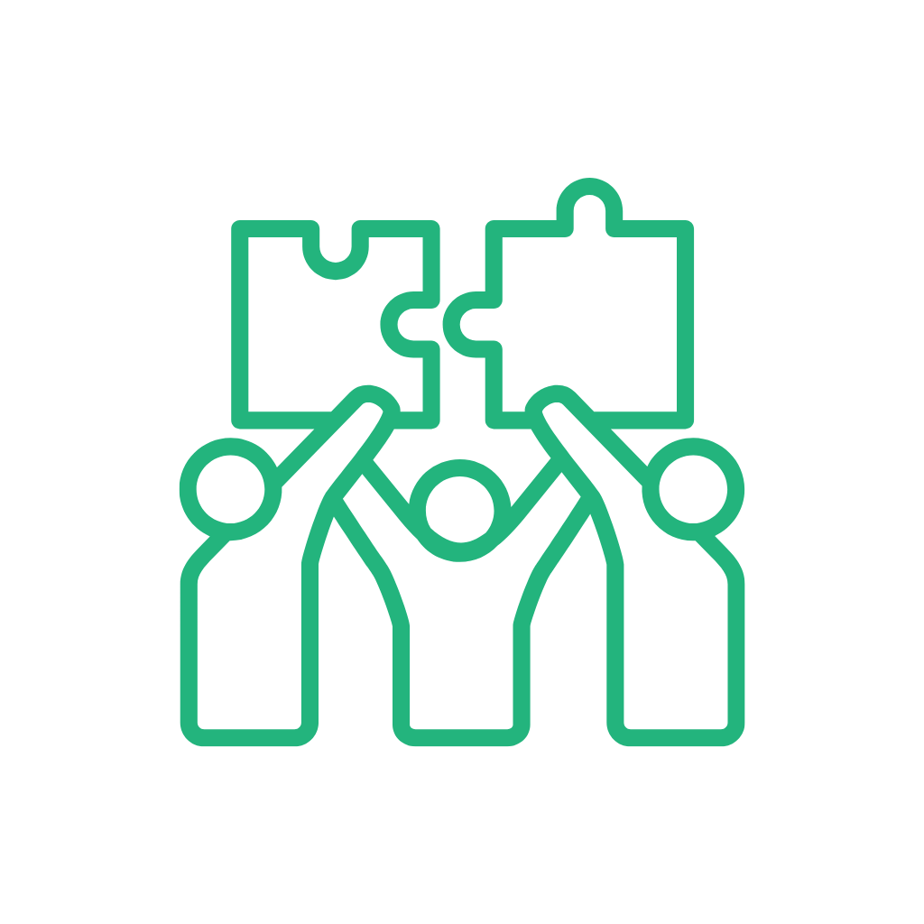 Three people holding and fitting together two puzzle pieces symbolizing teamwork and collaboration.