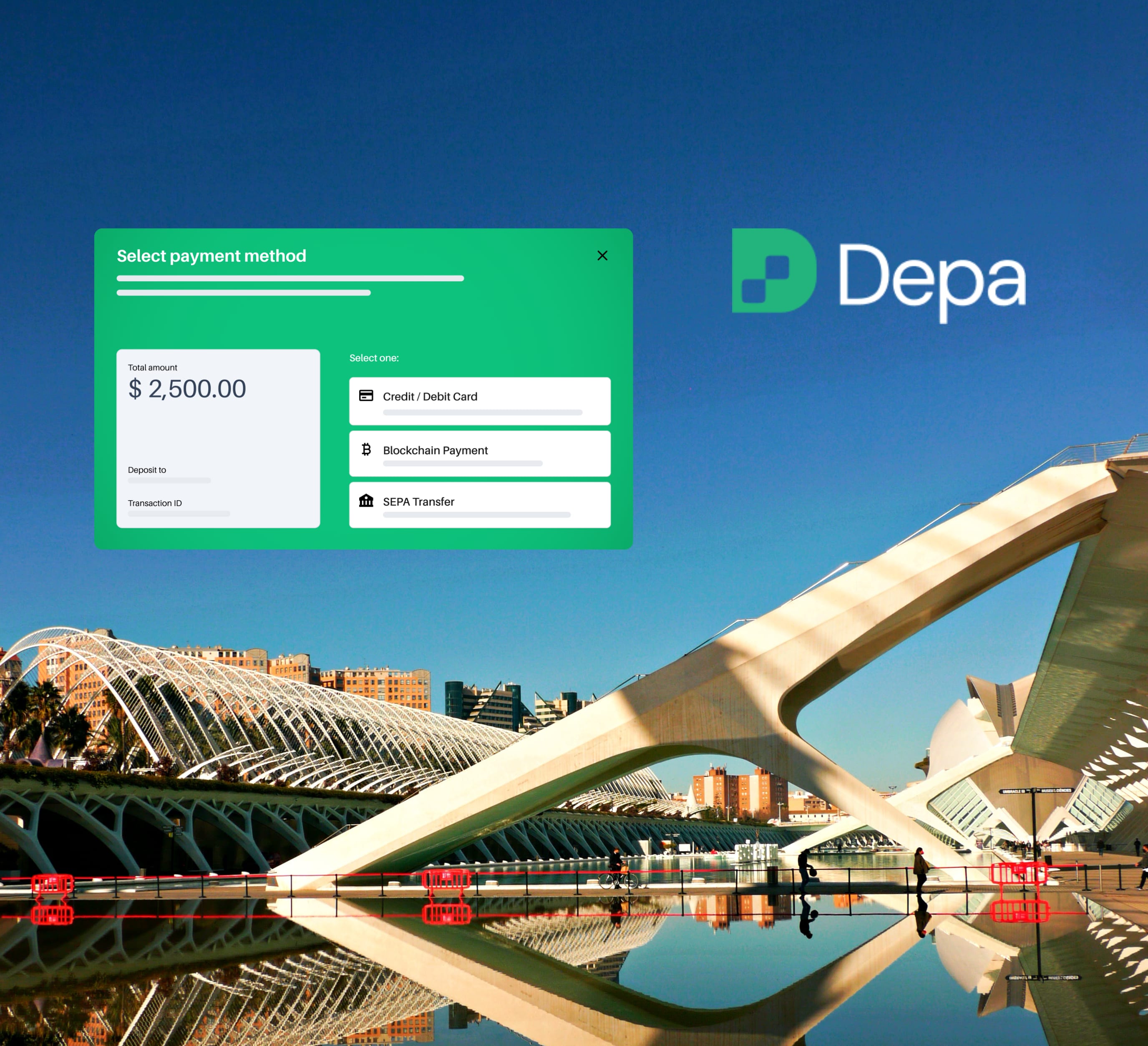 Modern architectural bridge over water with clear reflections, blue sky, and a payment method selection interface and Depa logo overlay. Photography done by Elijah Edwards